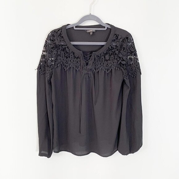 Express black lace detail long sleeve lightweight flowy blouse top shirt - Small - Picture 1 of 9